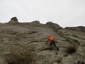 Gerry testing out the beginning of Harpoonist, the too-hard-for-today friction moves left of Porpoise