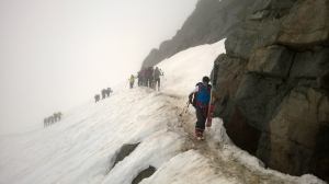 Ben going though the first snow to rock transition