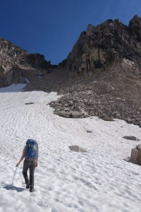 Andrea on the edge of the Crescent Glacier about to transition onto the boulder feild